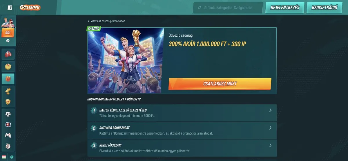 Golisimo vélemény - üdvözlő csomag 300% akár 1 000 000 Ft a promóciós oldalon