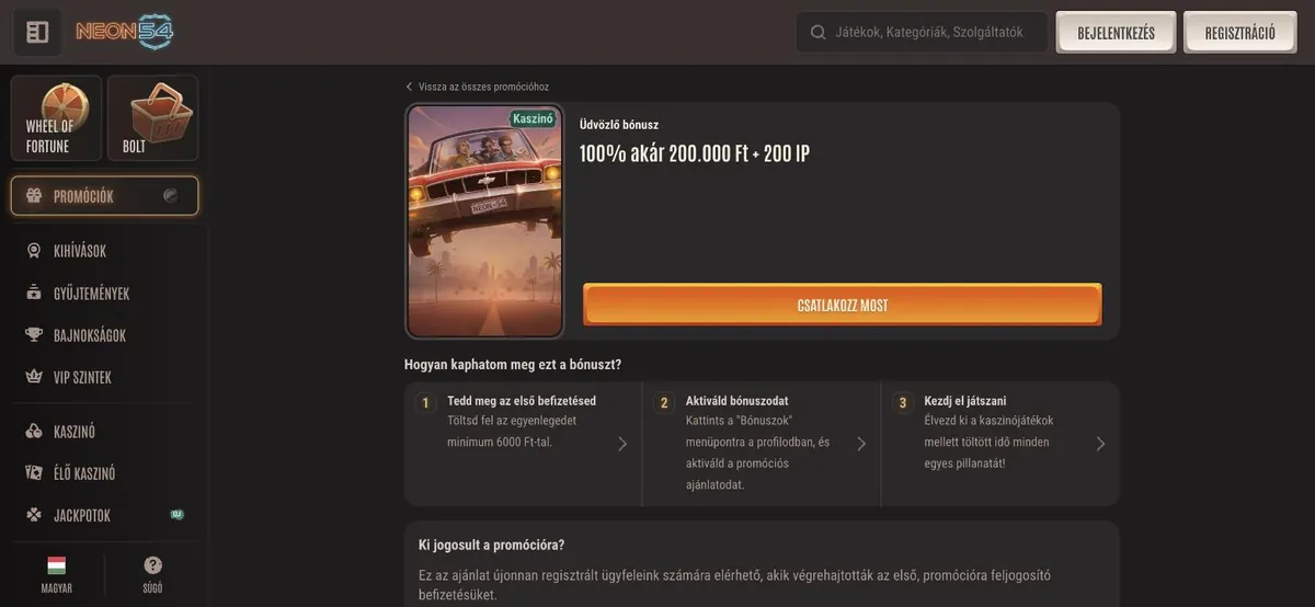 Neon54 üdvözlő bónusz 100% akár 200 000 Ft a promóciós oldalon
