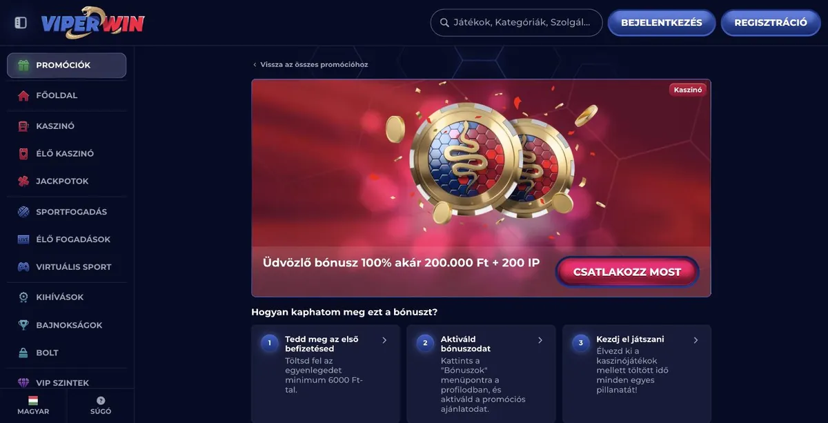 ViperWin üdvözlő bónusz és az igénylés lépései